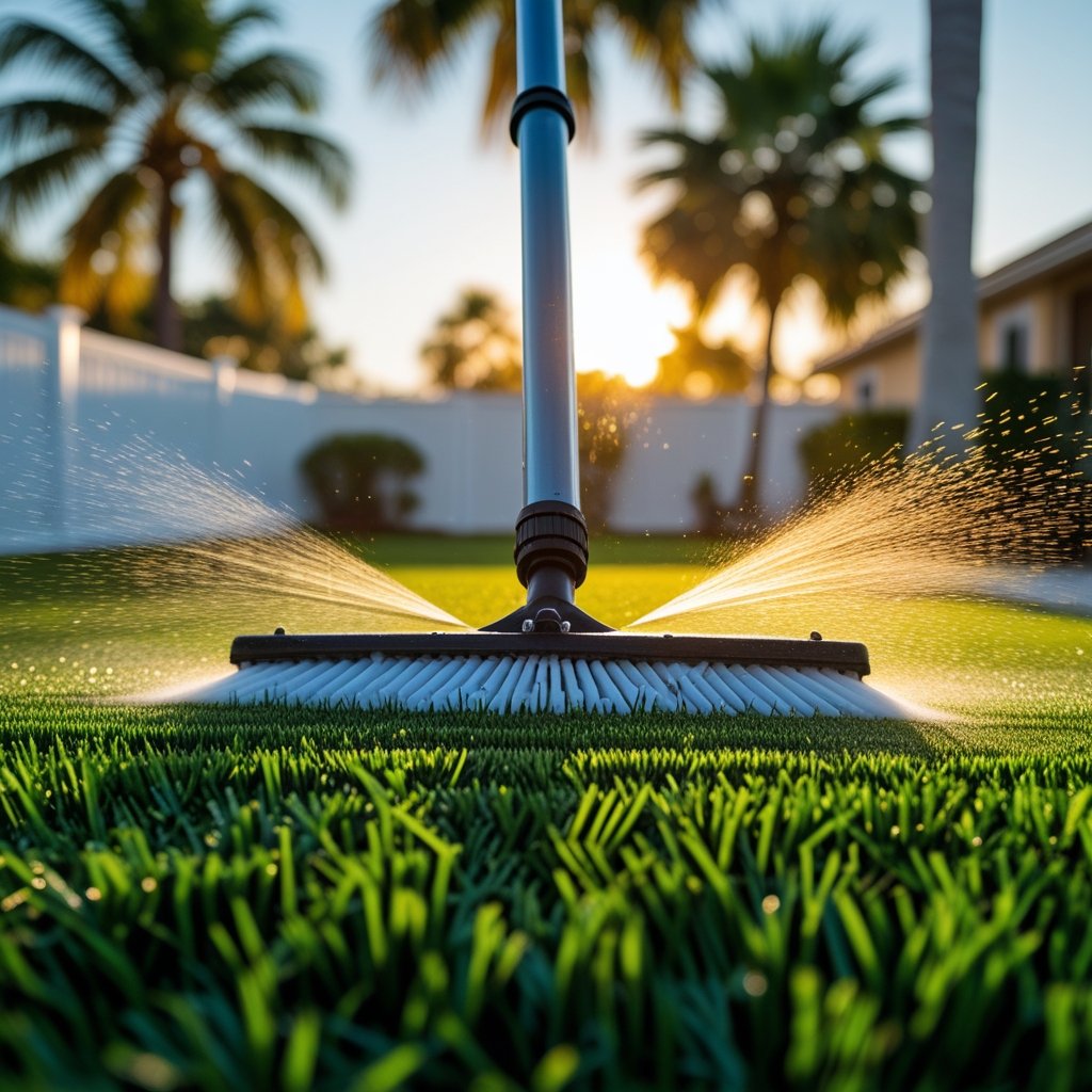 Professional artificial turf cleaning technician power washing synthetic grass in Fort Lauderdale, Florida
