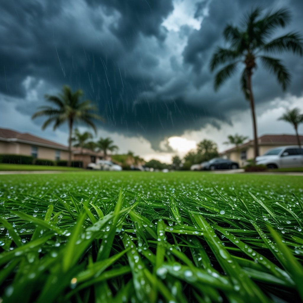 Tropical storm approaching South Florida neighborhood with artificial turf lawns in Pembroke Pines