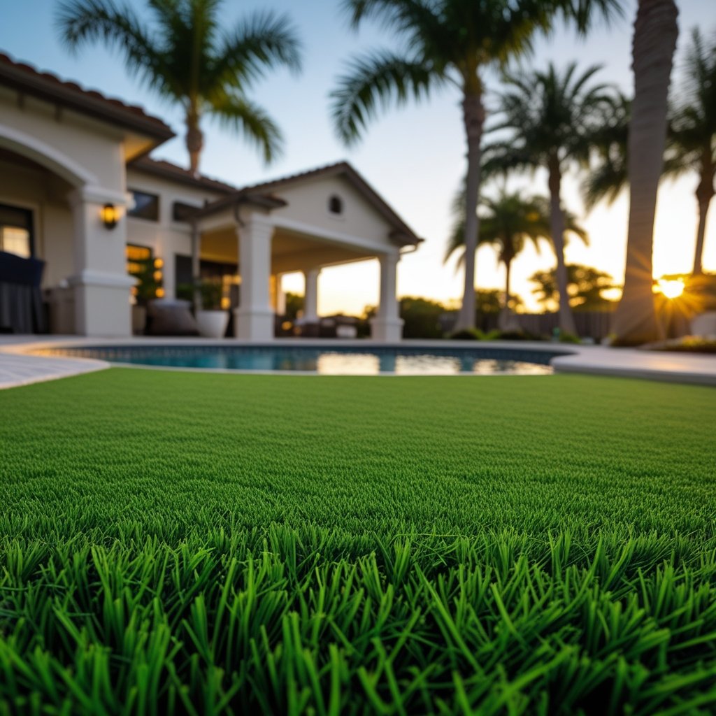 Pristine artificial turf backyard with pool in Boca Raton, South Florida - professional turf cleaning service