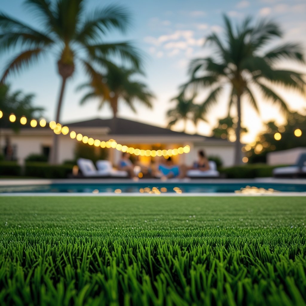 Family enjoying clean artificial turf backyard with pool in Weston, South Florida