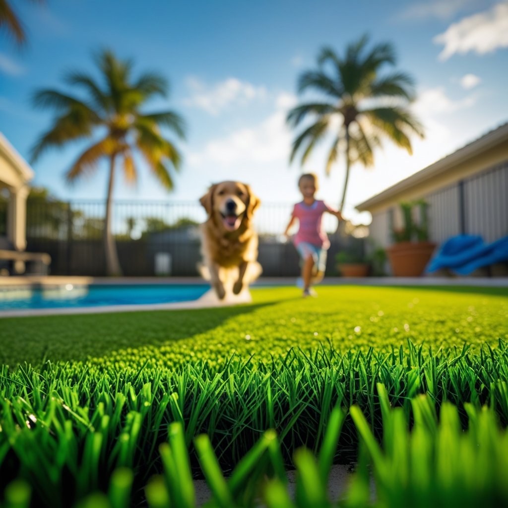Golden retriever and child playing on freshly treated artificial turf in Parkland, Florida backyard